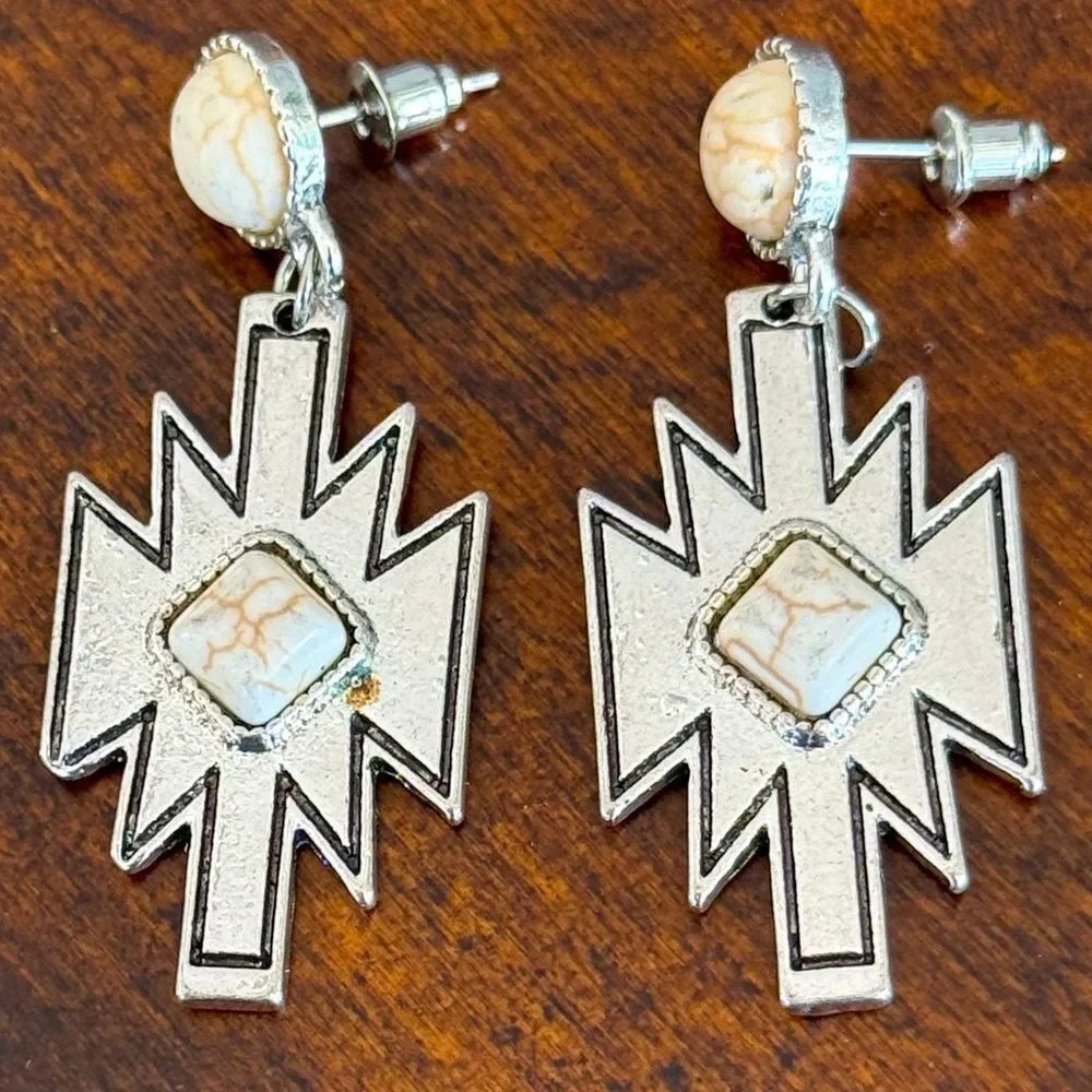 Geometric Faux White Buffalo Turquoise Earrings – Western and Aztec Style